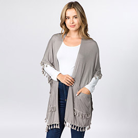 Lightweight Tassel Trim Open Front Kimono Cardigan