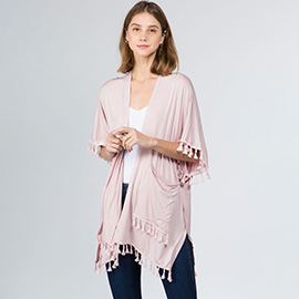 Lightweight Tassel Trim Open Front Kimono Cardigan