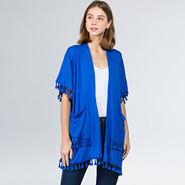 Lightweight Tassel Trim Open Front Kimono Cardigan