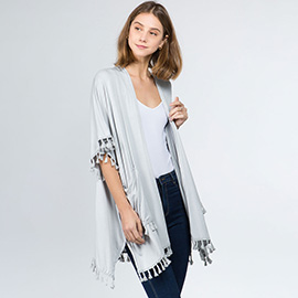 Lightweight Tassel Trim Open Front Kimono Cardigan