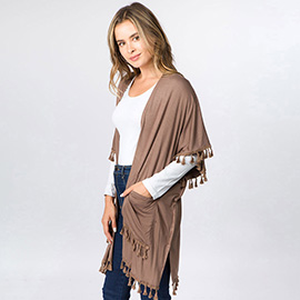 Lightweight Tassel Trim Open Front Kimono Cardigan