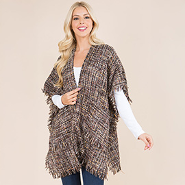 Trayed Trim Open Front Tweed Poncho Cardigan