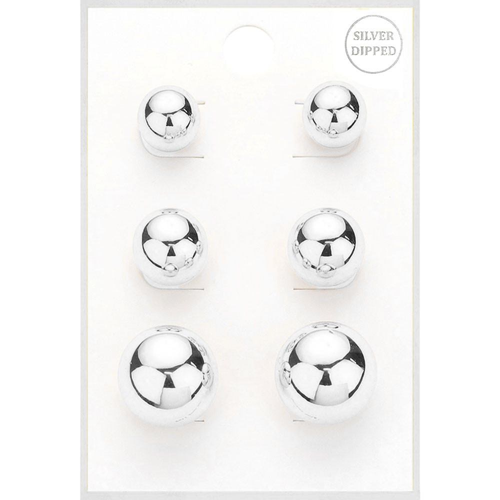 3PAIRS - Silver Dipped Metal Ball Stud Earrings Set