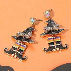 Rhinestone Paved Witch Hat and Boot Dangle Earrings
