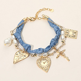 Pearl Heart Cross Charm Layered Denim Fabric Braided Bracelet