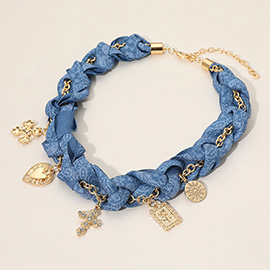 Cross Heart Flower Charm Denim Fabric Braided Statement Necklace