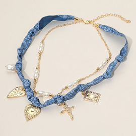 Pearl Heart Cross Charm Layered Denim Fabric Braided Necklace
