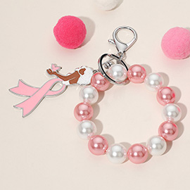 Pink Ribbon Afro Girl Pearl Stretch Keychain / Bracelet