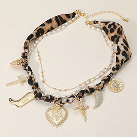 Western Boot Geart Flower Cross Horn Charm Station Beads Pearl Leopard Fabric Chain Layered Necklace