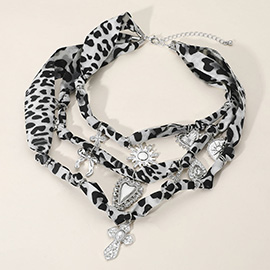 Pearl Cross Heart Bow Sun Cross Charm Station Leopard Fabric Chain Triple Layered Necklace