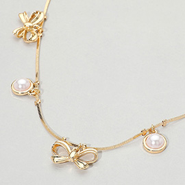 Metal Bow Pearl Charm Station Necklace