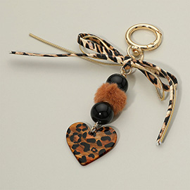 Leopard Bow Pom Pom Multi Beaded Resin Heart Charm Drop Keychain / Bag Charm