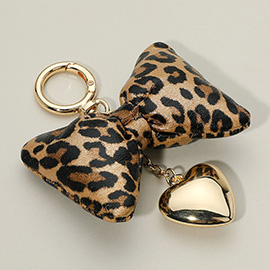 Leopard Faux Leather Plush Bow Metal Heart Drop Keychain / Bag Charm