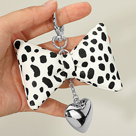 Leopard Faux Leather Plush Bow Metal Heart Drop Keychain / Bag Charm