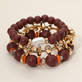 3PCS - Pearl Accent Metal Wooden Ball Beaded Stretch Multi Layered Bracelets