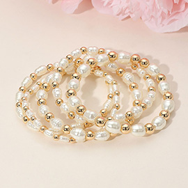 5PCS - Organic Shaped Pearl Metal Ball Beaded Stretch Multi Layered Bracelets