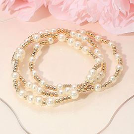 3PCS - Pearl Metal Ball Beaded Stretch Multi Layered Bracelets