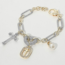 14K Gold Plated Two Tone CZ Stone Paved Heart Link Cross Pearl Charm Accent Bracelet