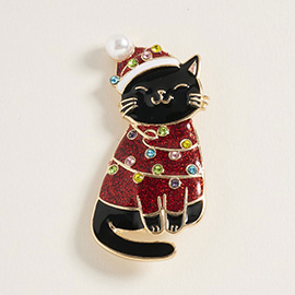 Festive Holidy Santa Hat Black Cat Pin Brooch