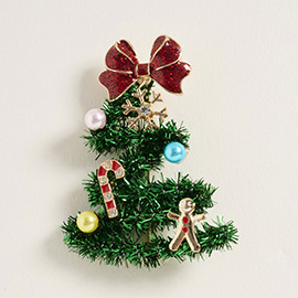 Whimsical Pearl Bow Snowflake Charm Tinsel Christmas Tree Pin Brooch