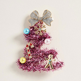 Whimsical Pearl Bow Snowflake Charm Tinsel Christmas Tree Pin Brooch