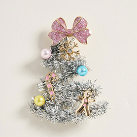 Whimsical Pearl Bow Snowflake Charm Tinsel Christmas Pin Brooch