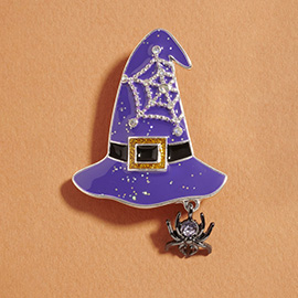 Halloween Witch Hat Spider Dangle Pin Brooch