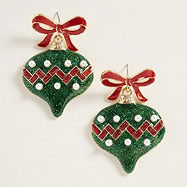 Bow Pearl Accent Holiday Ornament Dangle Earrings
