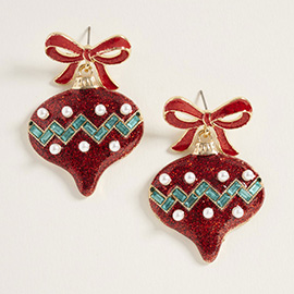 Bow Pearl Accent Holiday Ornament Dangle Earrings