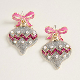 Bow Pearl Accent Holiday Ornament Dangle Earrings