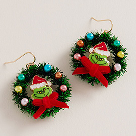 Holiday Green Monster Wreath Dangle Earrings
