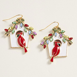 Festive Holiday Cardinal Birdhouse Dangle Earrings