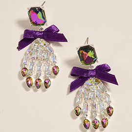 Bow Accent Glass Stone Skeleton Hand Dangle Earrings