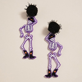Western Cowboy Halloween Pom Pom Skeleton Earrings