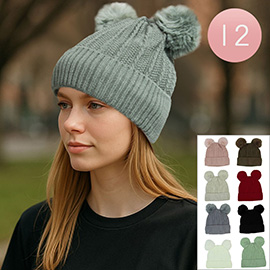 12PCS - Double Pom Pom Knit Winter Beanie Hats