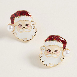 Pearl Glittered Hat Santa Face Stud Earrings