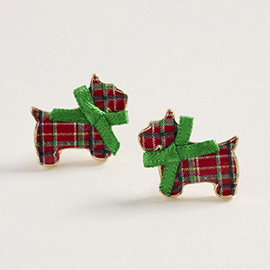Festive Bow Christmas Plaid Dog Stud Earrings