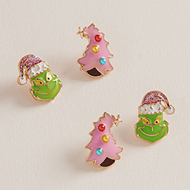 2Pairs - Christmas Tree Green Monster Stud Earring Set