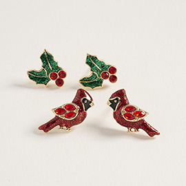 2Pairs - Holiday Cardinal Christmas Holly Stud Earring Set