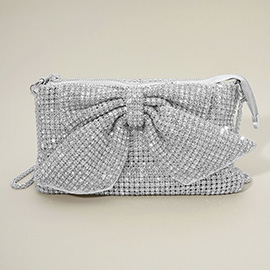 Mesh Bling Rhinestone Bow Accent Evening Clutch Bag / Crossbody Bag