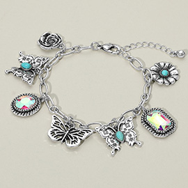 Vintage Western Butterfly Flower Charm Station Bracelet