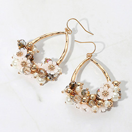 Flower Pearl Faceted Beaded Open Teardrop Dangle Earrings
