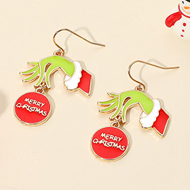 MERRY CHRISTMAS Message Ornament Green Monster Hand Dangle Earrings