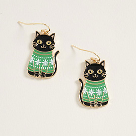 Holiday Sweater Black Cat Dangle Earrings