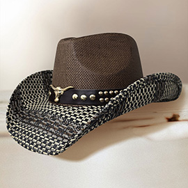 Metal Steer Head Pointed Faux Leather Band Western Straw Cowboy Fedora Hat