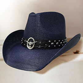 Metal Steer Head Emblem Studded Faux Leather Band Western Straw Cowboy Fedora Hat