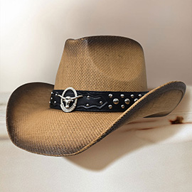 Metal Steer Head Emblem Studded Faux Leather Band Western Straw Cowboy Fedora Hat