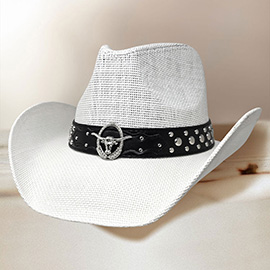 Metal Steer Head Emblem Studded Faux Leather Band Western Straw Cowboy Fedora Hat