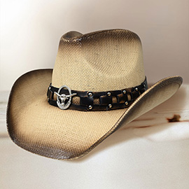 Metal Steer Head Emblem Accent Faux Leather Linked Band Western Straw Cowboy Fedora Hat