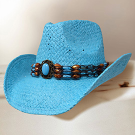 Boho Stone Beaded Band Western Straw Cowboy Fedora Hat
